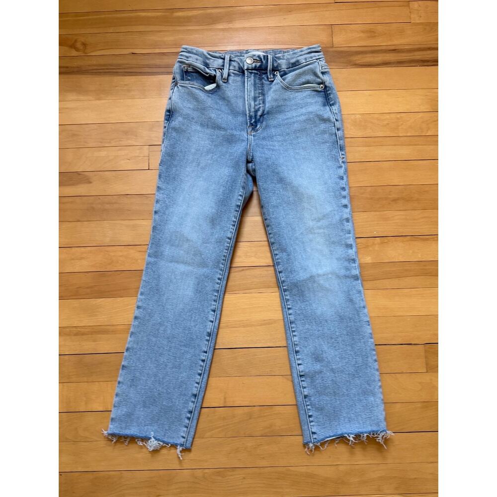 Good American Jeans Size 0 Light Wash High Rise Wide Leg Frayed Hem EUC